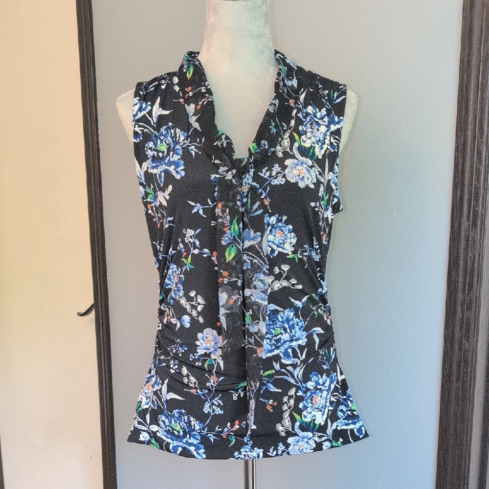 WHBM Medium Floral Sleeveless Top - Black and Blue Floral Chiffon Necktie